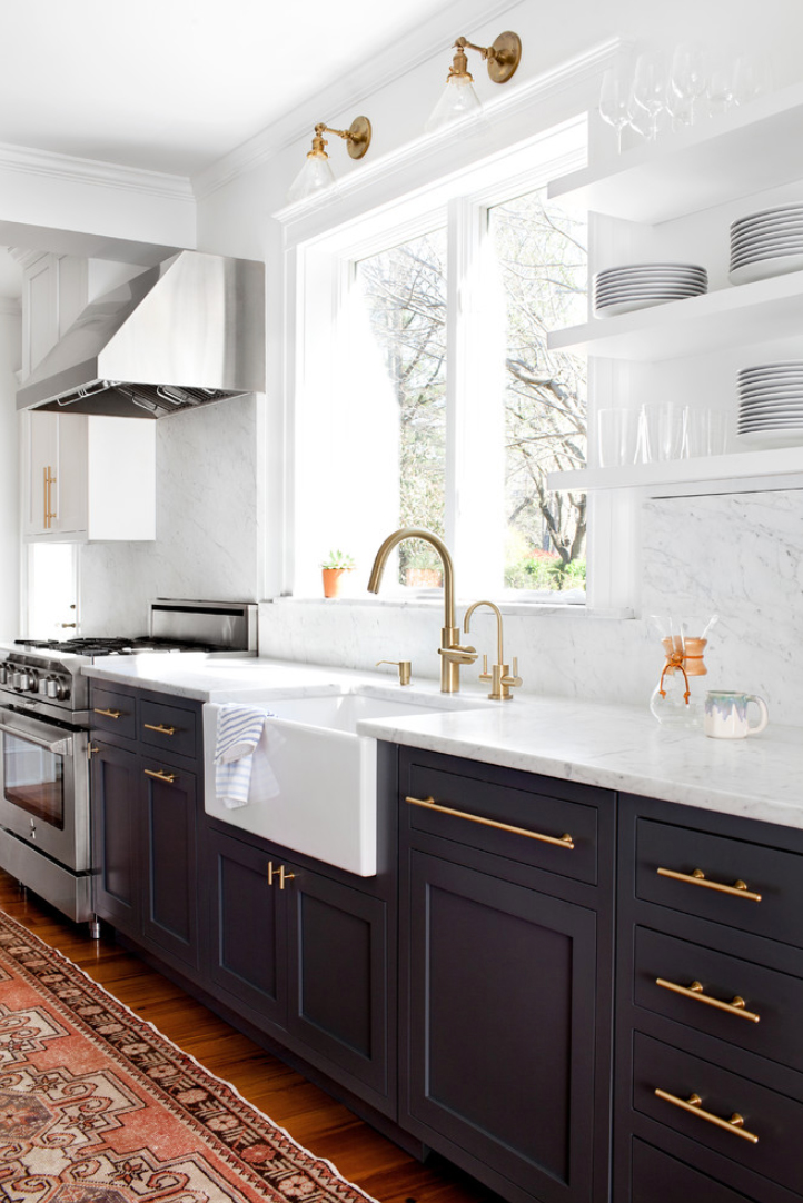 dark kitchen cabinets with brass pulls