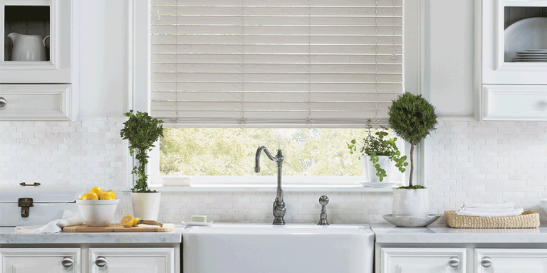 farmhouse window treatments faux wood blinds kitchen farmhouse sink Kansas City