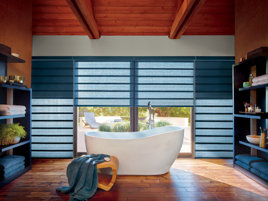 hunter douglas blue roller roman shades bathroom in blue color of the year 2020 overland park KS