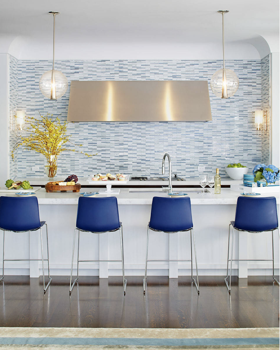 kitchen with blue backsplash and blue furniture Overland Park