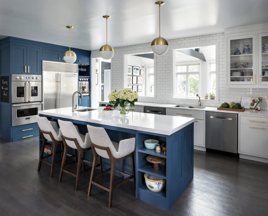 kitchen with gold accents and blue cabinets Kansas City