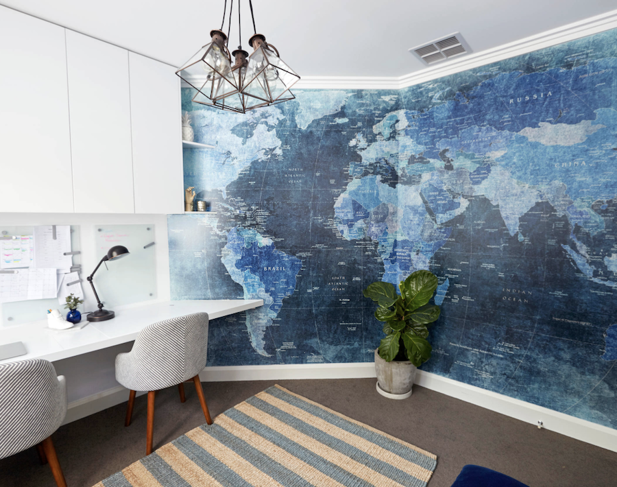 home office with blue mural wall in color of the year 2020 olathe kansas