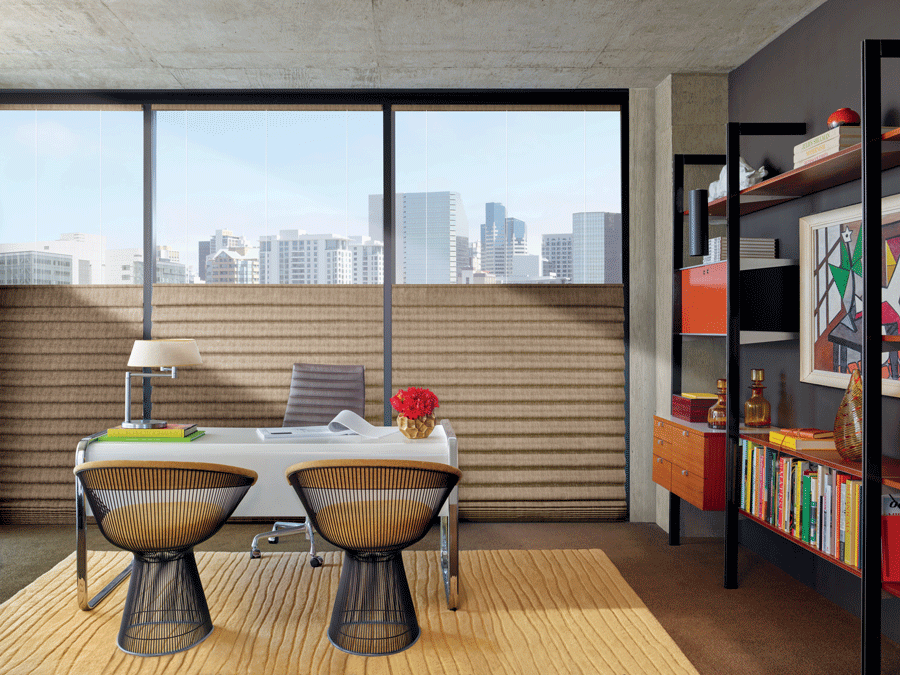 Top down bottom up shades in a home office.