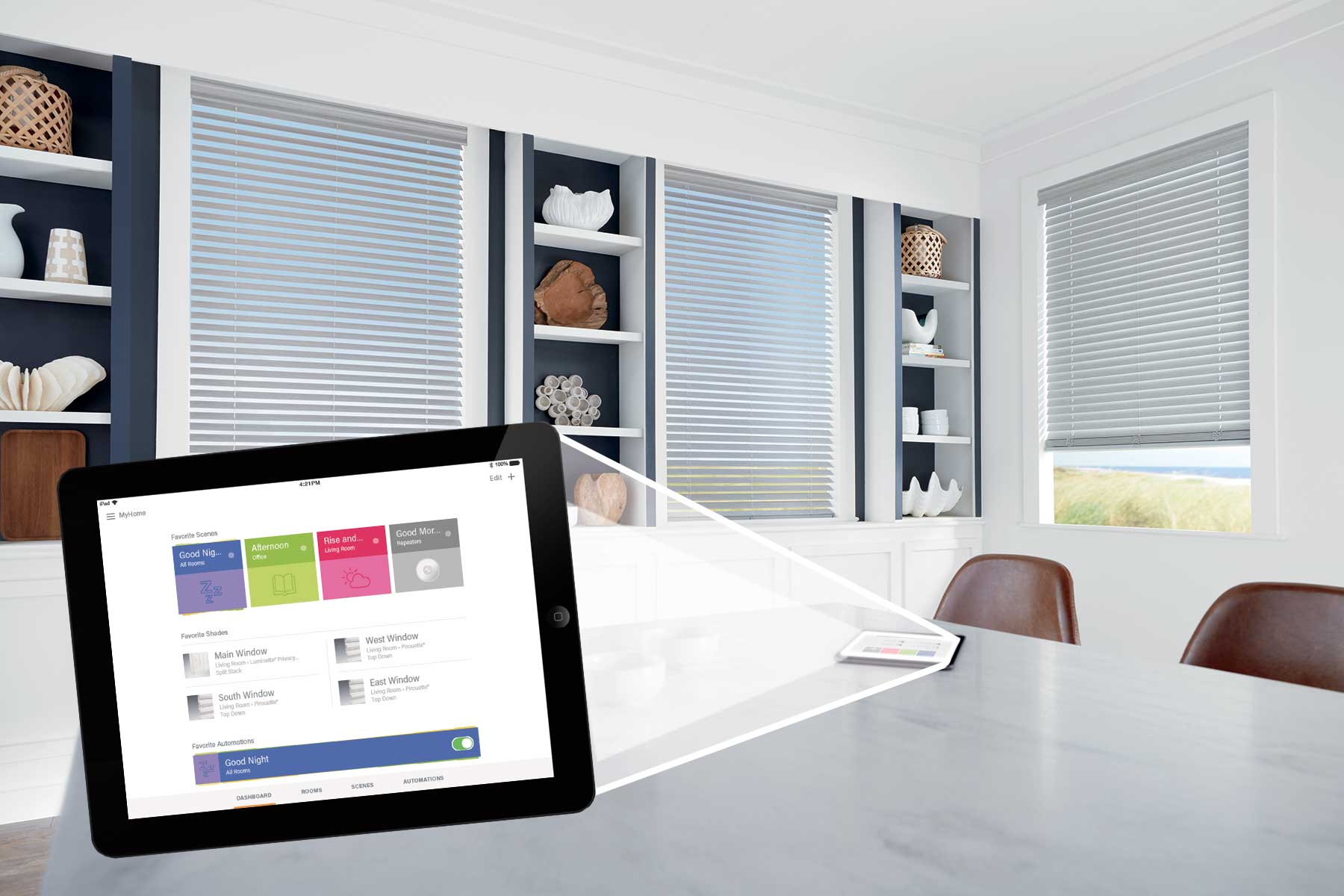 Automated shades controlled by an ipad.