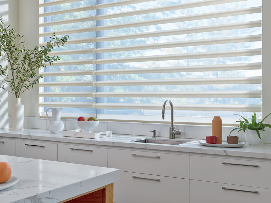 Kitchen with sheer shades above sink, Kansas City, MO.