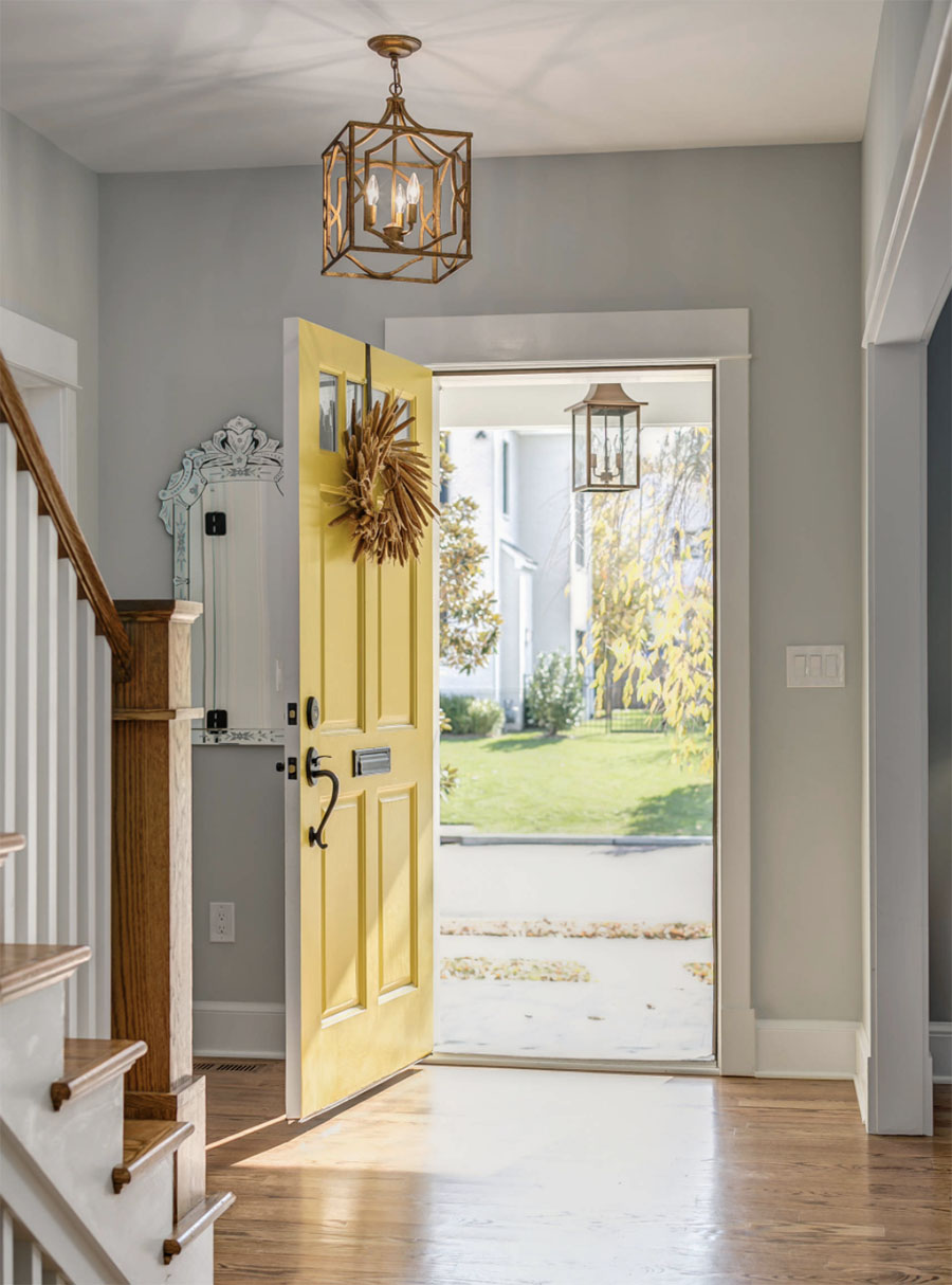 Yellow front door. One Stop Decorating has tips for your Kansas City home.