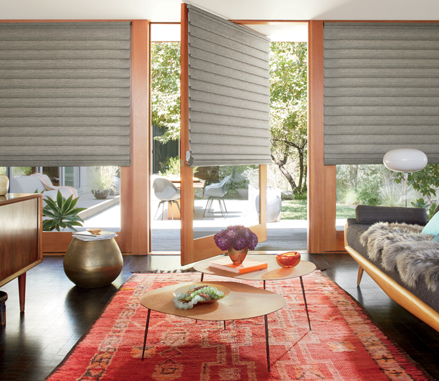 Vignette shades on large windows and doors