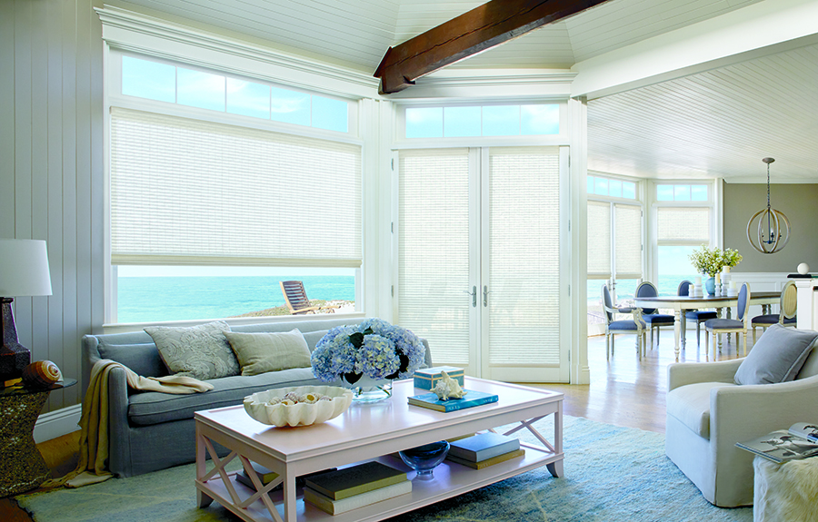 French doors featuring white woven woods shades.