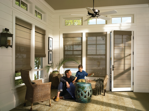 living room with woven textures roman shades