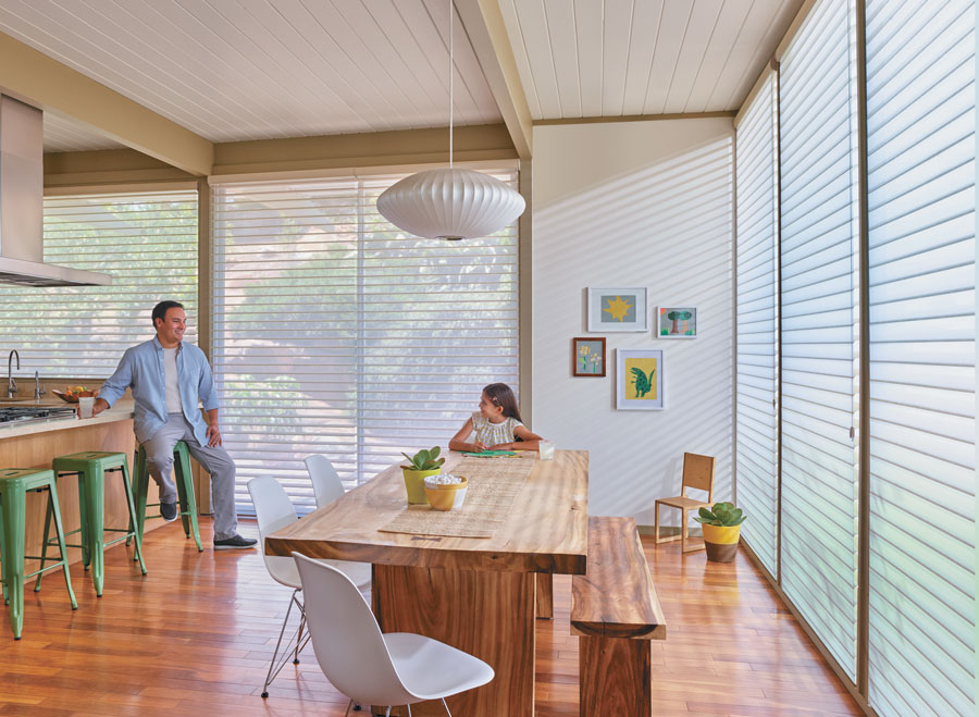 Sheer shades on floor to ceiling windows in kitchen Kansas City, MO