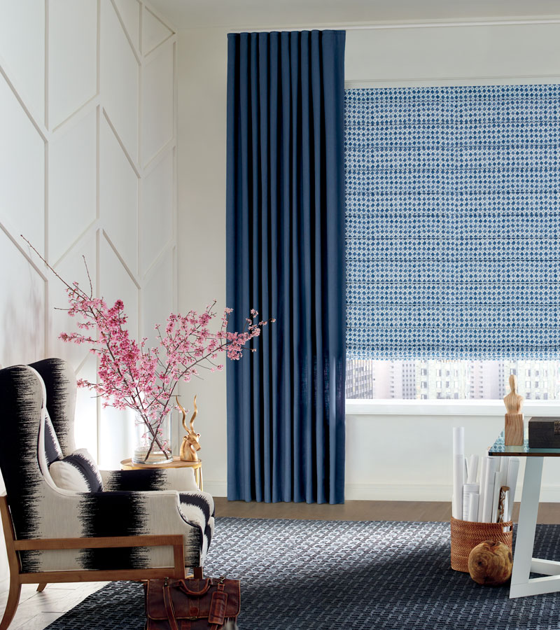 Design Studio Roman shades in royal blue and light navy