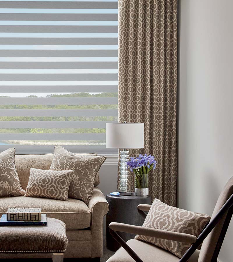 grey open banded window shades in Lee's Summit KS living room