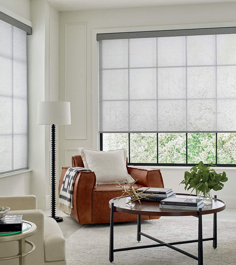 screen roller shades in living room with brown leather accent chair in Kansas City MO