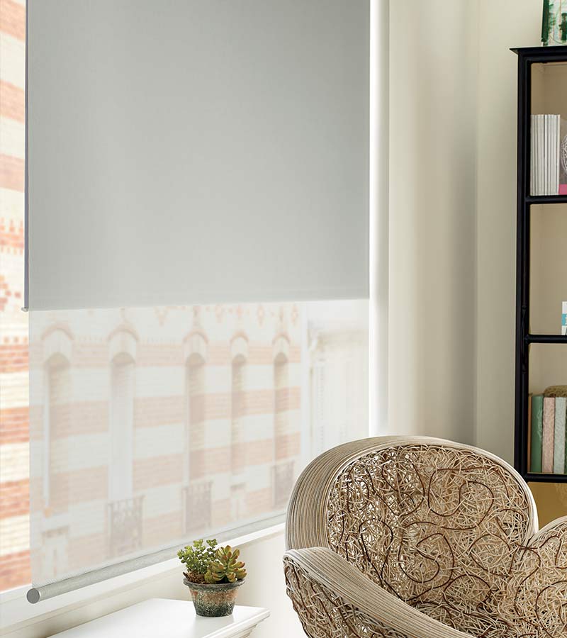 detail of gray dual opacity roller shade in Kansas City MO apartment