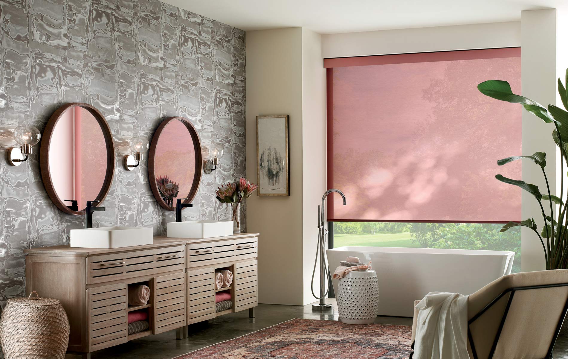 wallpaper accent wall in bathroom with double vanity and red roller shades