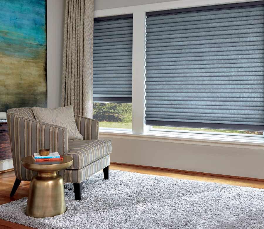 blue shades in traditional living room with large canvas artwork