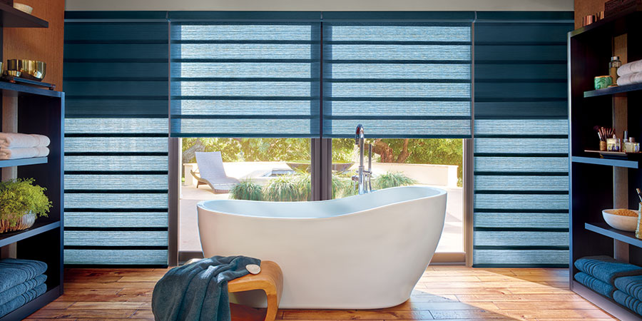 blue roman shades in master bathroom for two in one shades in Kansas City MO