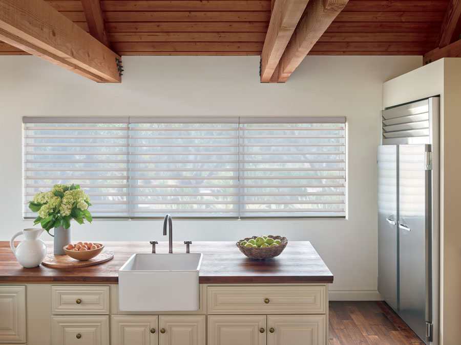 Kitchen with Silhouette shades on large windows in Liberty MO