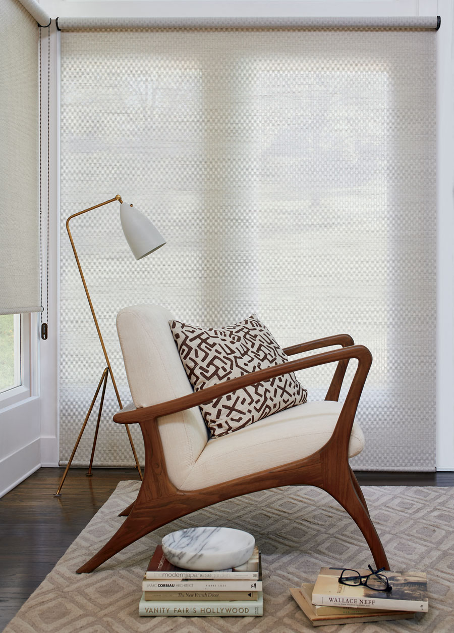 White roller shades with woven textures