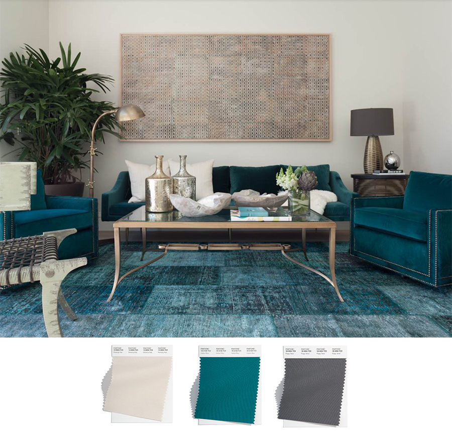 blue and neutral pantone color living room in modern apartment