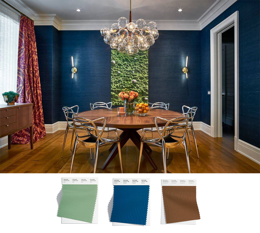 transitional dining room navy blue wallpaper and grasscloth accents