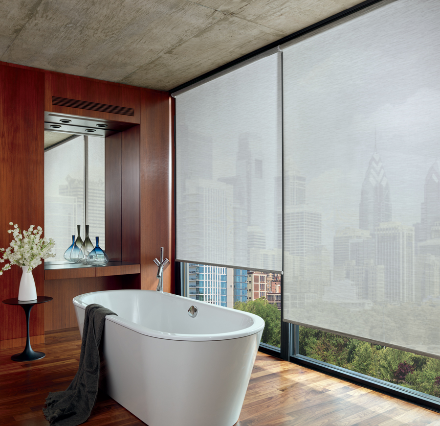 Bathroom with wall to wall window treatments