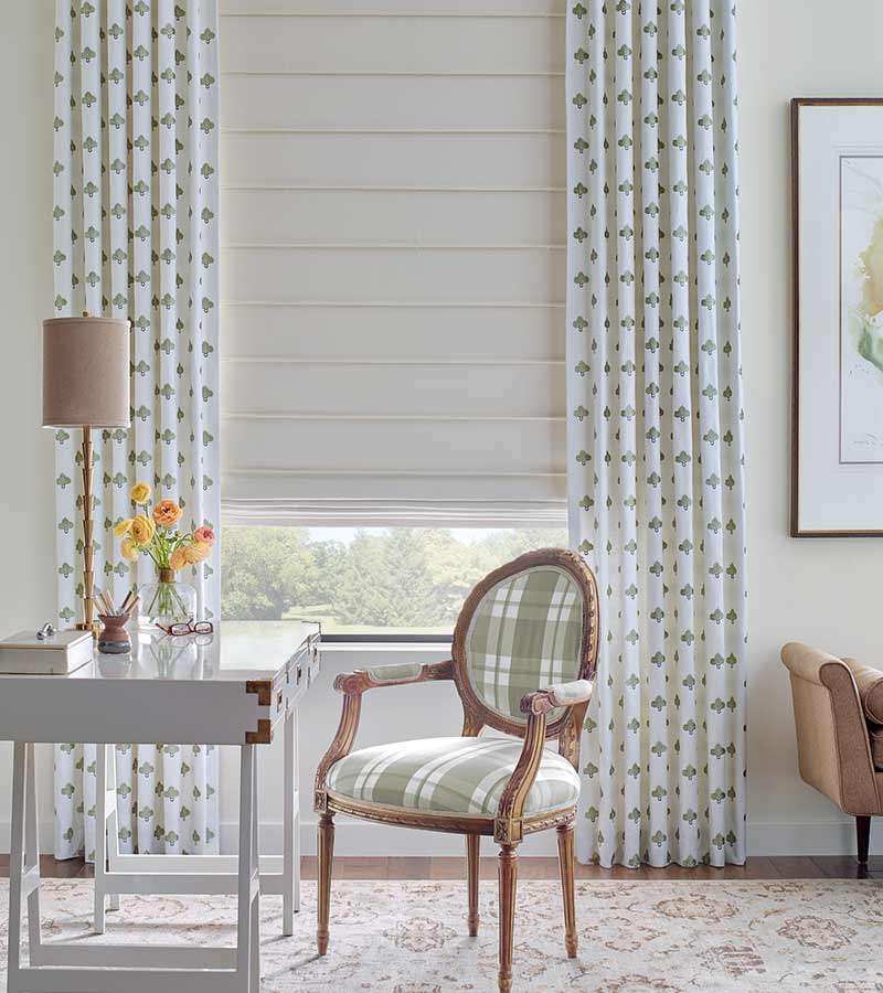 green and white home office space white and green curtains and cream roman shades for light filtering