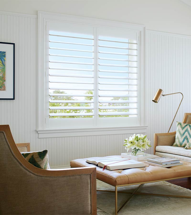 The Top 5 Features Of Plantation Shutters One Stop Decorating   Newstyle Shutters White Modern Interior Shutters Hunter Douglas One Stop Decorating 