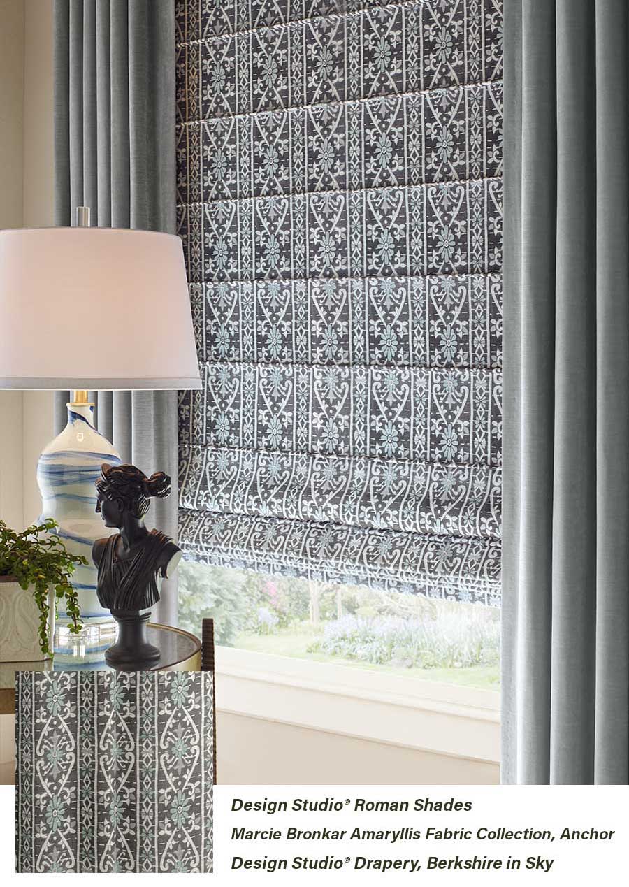 layered fabrics with roman shade in Amaryllis in living room in kansas city