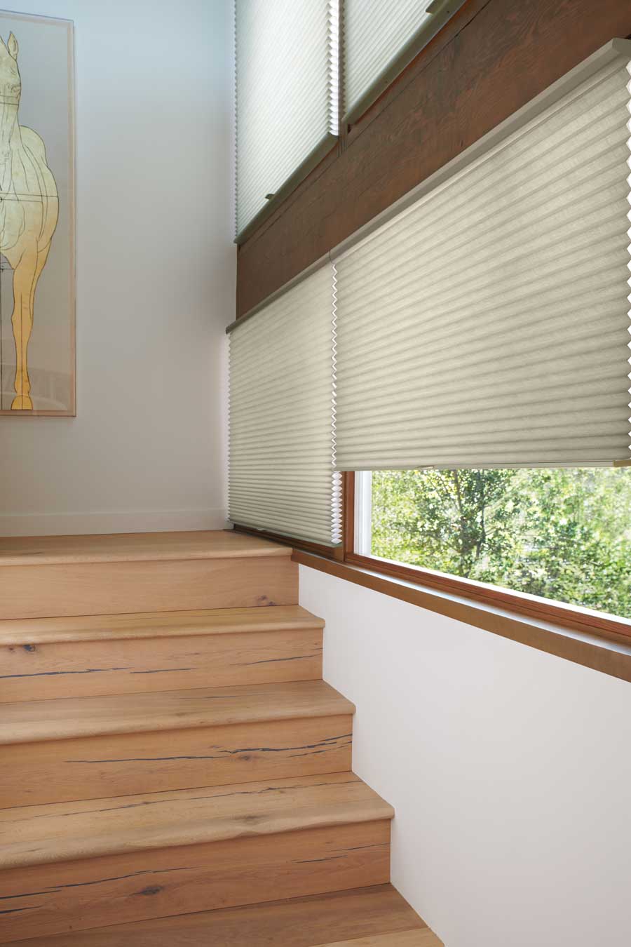 Duette® Honeycomb Shades on a staircase that has windows as you ascend or descend