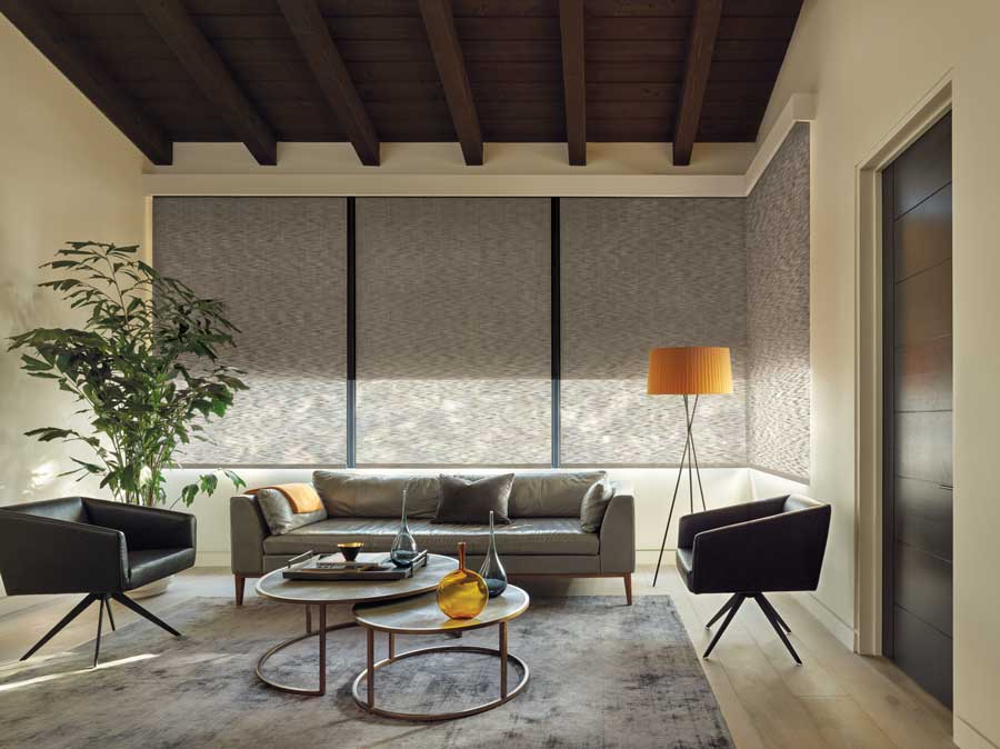 Alustra® Woven Textures® covering windows in a rustic and modern living area.