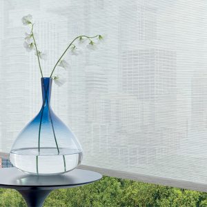 designer screen shades in highrise apartment