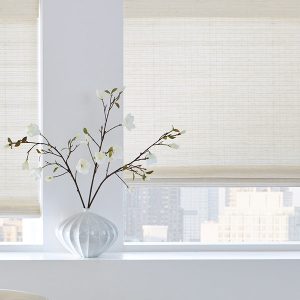 provenance-woven-wood-shades-hunter-douglas-white-room-one-stop-decorating cream woven wood shade with decorative branches in Kansas City MO apartment