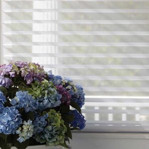 detail of sheer shade and blue and purple hydrangeas